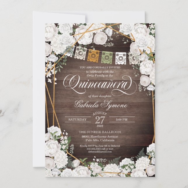 Invitación Rosas Blancas Elegante Rústica Occidental Quinceañ (Anverso)