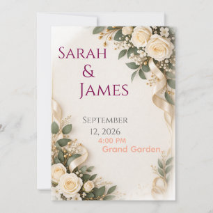 Invitación Rosas Blancas Elegantes con Cinta de Oro Invitaci