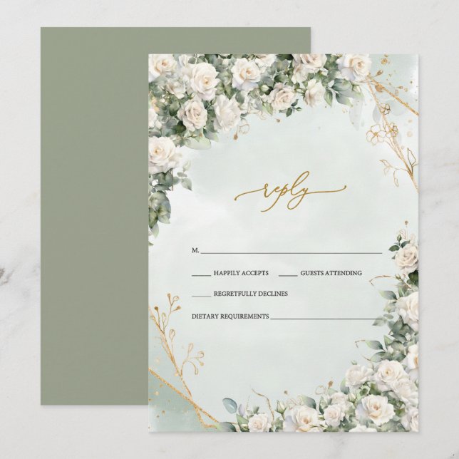 Invitación Rosas blancas elegantes enmarcan boda (Anverso / Reverso)