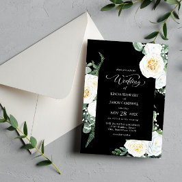 Invitación Rosas Blancas Elegantes Negras Personalizadas para