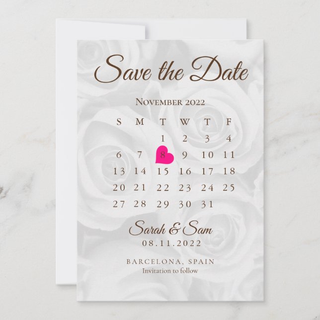 Invitación Rosas Blancas Elegantes Salvan la Fecha Calendario (Anverso)