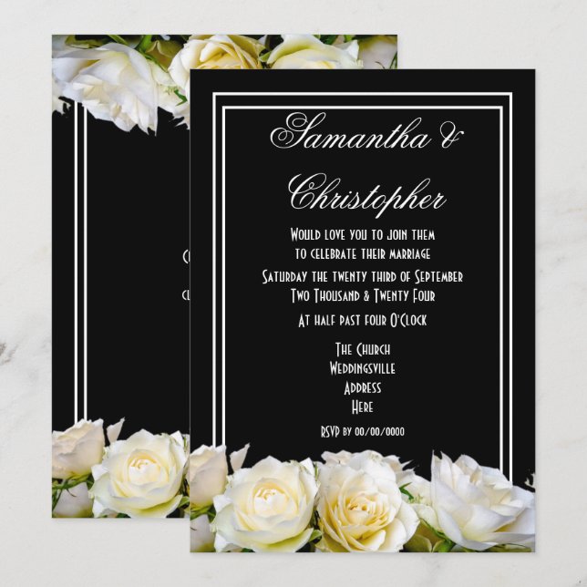 Invitación Rosas blancas en boda floral negro (Anverso / Reverso)