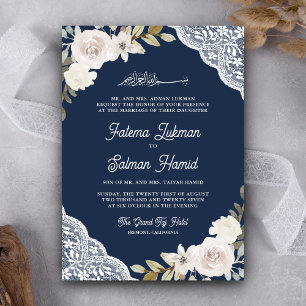 Invitación Rosas Blancas Encaje Azul Marino Código QR Boda Mu