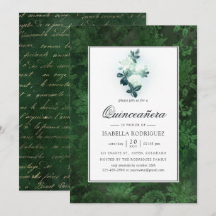 Invitación Rosas blancas espumosas y damasquera verde Quincea