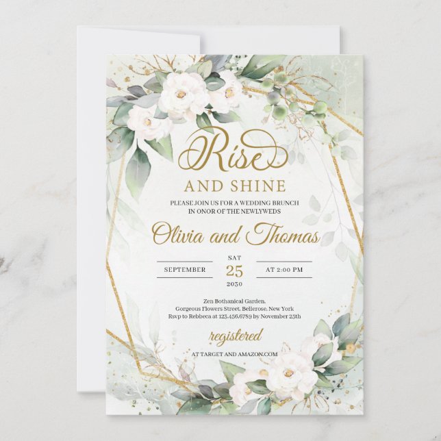 Invitación Rosas blancas eucalipto cuadro de oro aumento y br (Anverso)