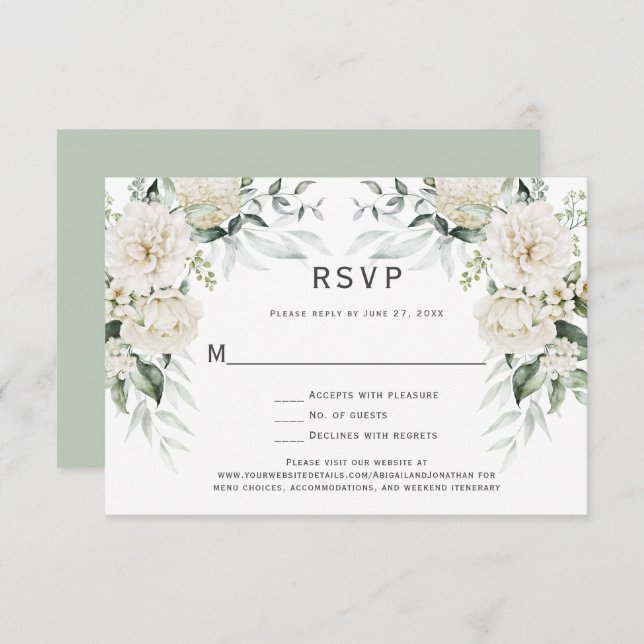 Invitación Rosas blancas, Eucalipto RSVP (Anverso / Reverso)