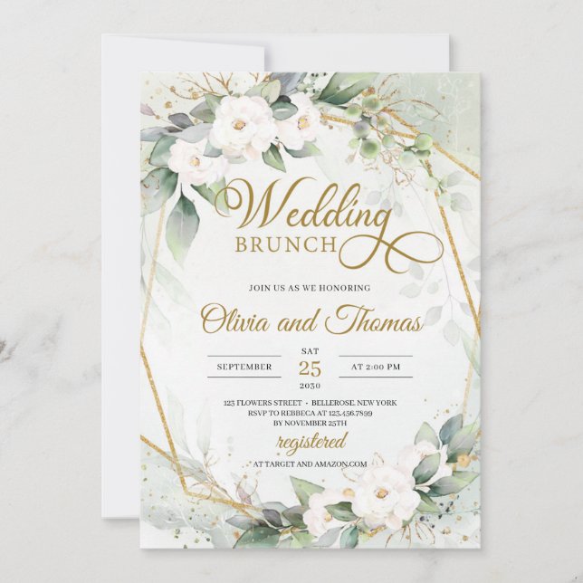 Invitación Rosas blancas eucalipto verde boda de marco dorado (Anverso)