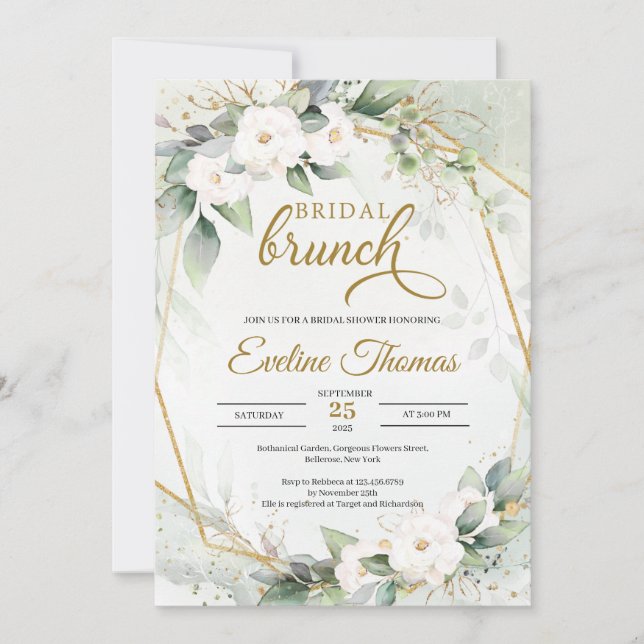 Invitación Rosas blancas eucalipto verde marco de oro falso (Anverso)