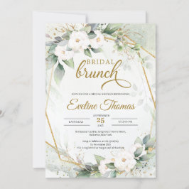 Invitación Rosas blancas eucalipto verde marco de oro falso