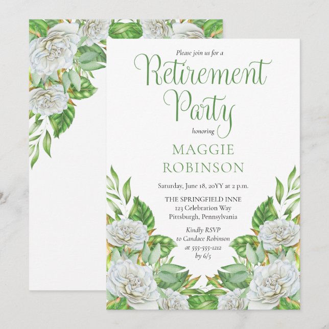Invitación Rosas blancas |Fiesta de Jubilación Floral Boho de (Anverso / Reverso)