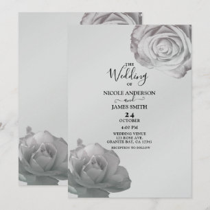 Invitación Rosas Blancas Floral Elegante Boda Gris Plata