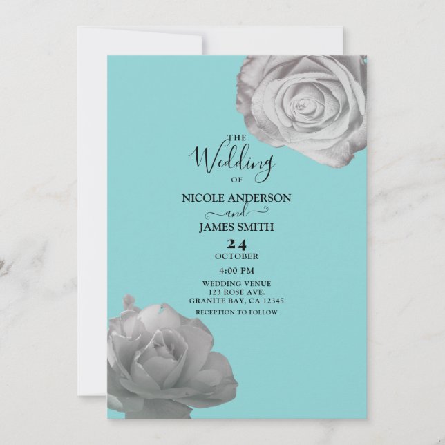 Invitación Rosas Blancas Floral Elegante Boda Turquesa Azul (Anverso)