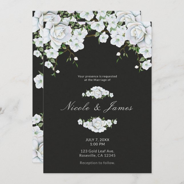 Invitación Rosas Blancas Floral y Gris Carbón Boda (Anverso / Reverso)