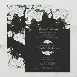 Invitación Rosas Blancas Floral y Grises Carbón para la Ducha