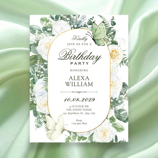 Invitación Rosas blancas florales cumpleaños  (Subido por el creador)