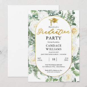 Invitación Rosas Blancas Florales Marco Dorado Fiesta de Grad