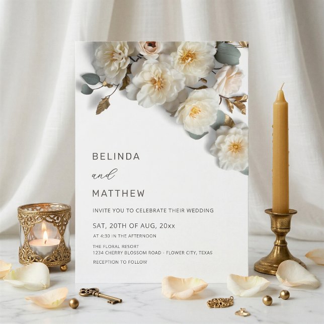 Invitación Rosas Blancas Flores 3D Elegantes Bodas Blancas (Subido por el creador)