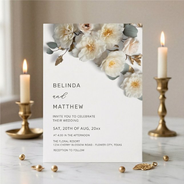 Invitación Rosas Blancas Flores 3D Elegantes Bodas Blancas (Subido por el creador)