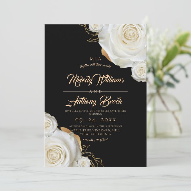 Invitación Rosas blancas Flores Boda Negra (Anverso de pie)