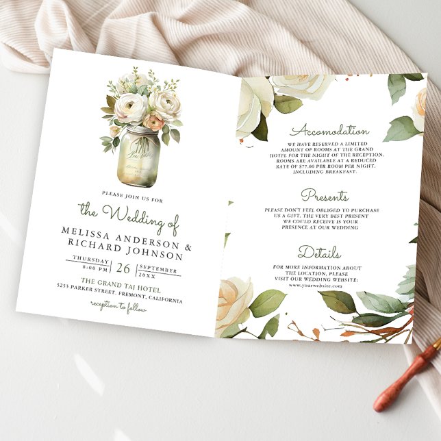 Invitación Rosas Blancas Hojas de Salvia Tarro de Mason Códig (Subido por el creador)