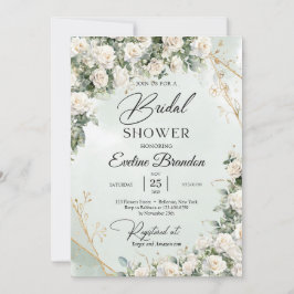 Invitación Rosas blancas inglesas eucalipto verde y oro