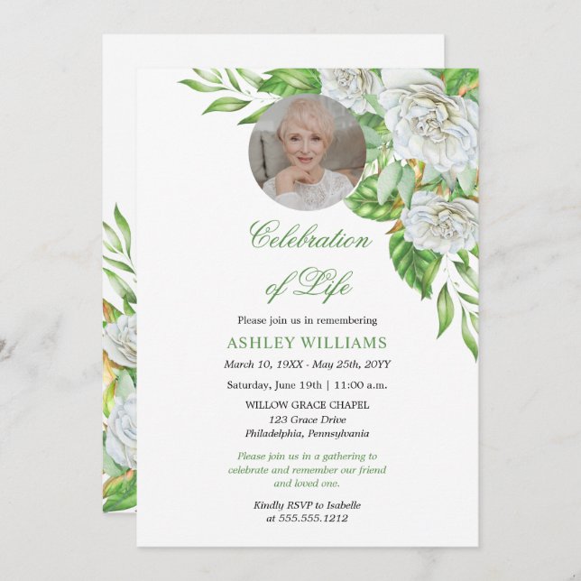 Invitación Rosas blancas | La celebración vegetal de la vida (Anverso / Reverso)