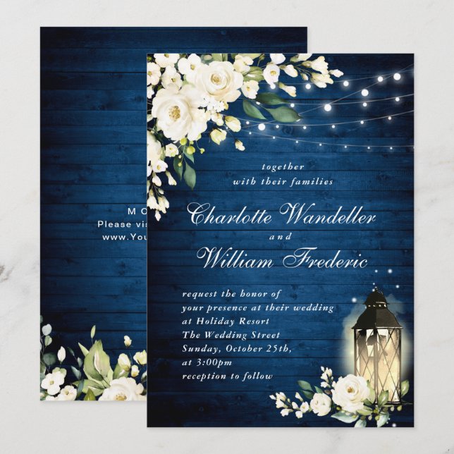 Invitación Rosas Blancas Linterna de Madera Azul Acuarela Bod (Anverso / Reverso)