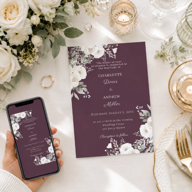 Invitación Rosas blancas marfil boda ciruela (Subido por el creador)