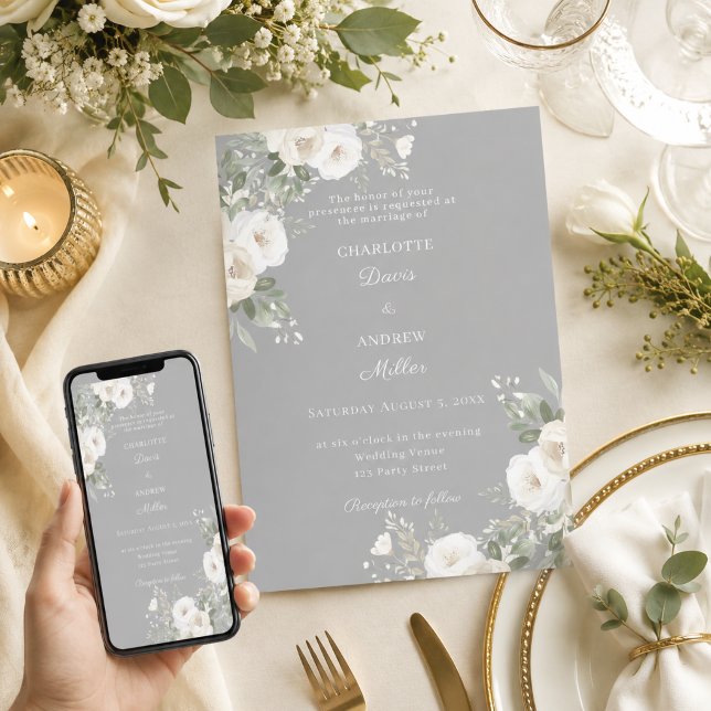 Invitación Rosas blancas marfil boda gris (Subido por el creador)