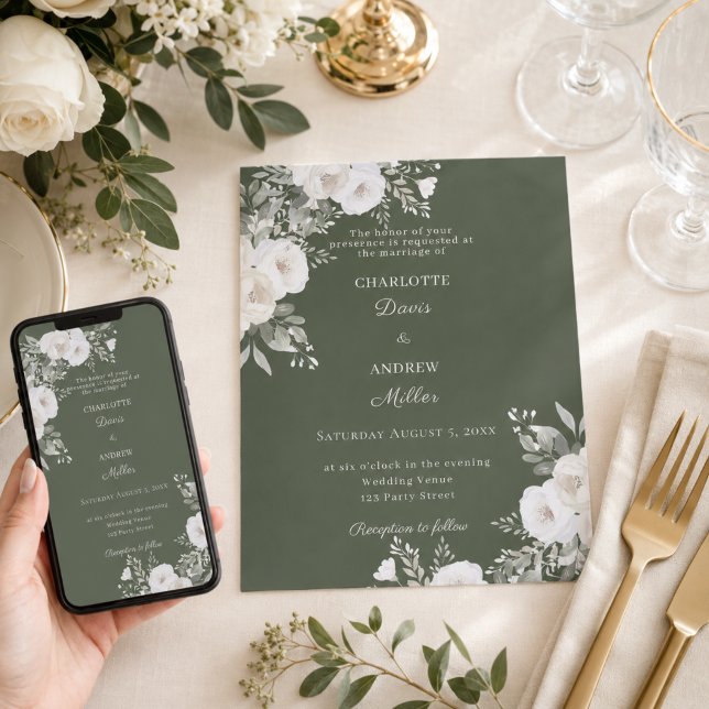 Invitación Rosas blancas marfil musgo verde boda (Subido por el creador)