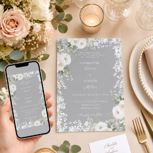 Invitación Rosas blancas marfil nieve gris boda de invierno