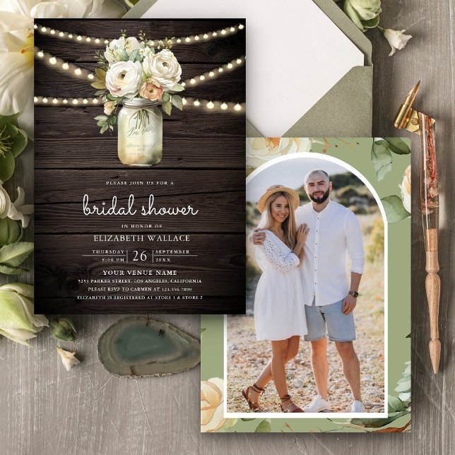 Invitación Rosas Blancas Mason Jar Foto Madera Ducha De Novia (Subido por el creador)