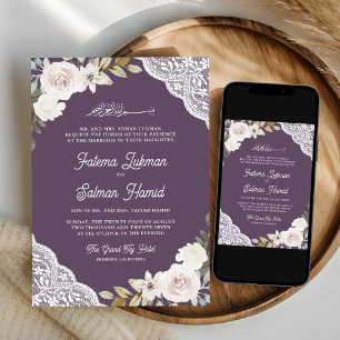 Invitación Rosas Blancas Moradas Polvorientas Encaje Boda Mus