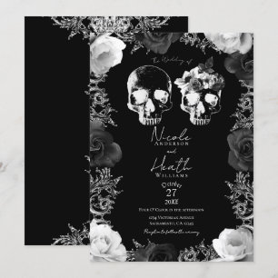 Invitación Rosas Blancas Negras Calavera Esqueleto Gótico Bod