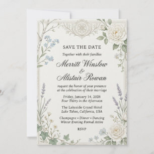 Invitación Rosas Blancas, Nomeolvides, Lavanda, Hiedra, Abedu