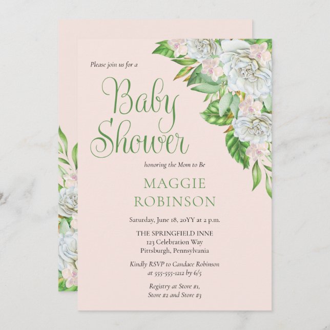 Invitación Rosas blancas | Orchids Boho Floral Chica Baby Sho (Anverso / Reverso)