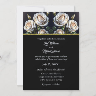 Invitación Rosas blancas preciosas con detalles dorados, eleg