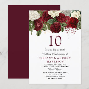 Invitación Rosas Blancas Rojas Borgoña 10º Aniversario de Bod