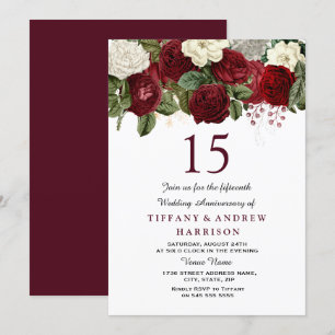 Invitación Rosas Blancas Rojas de Borgoña 15º Aniversario de
