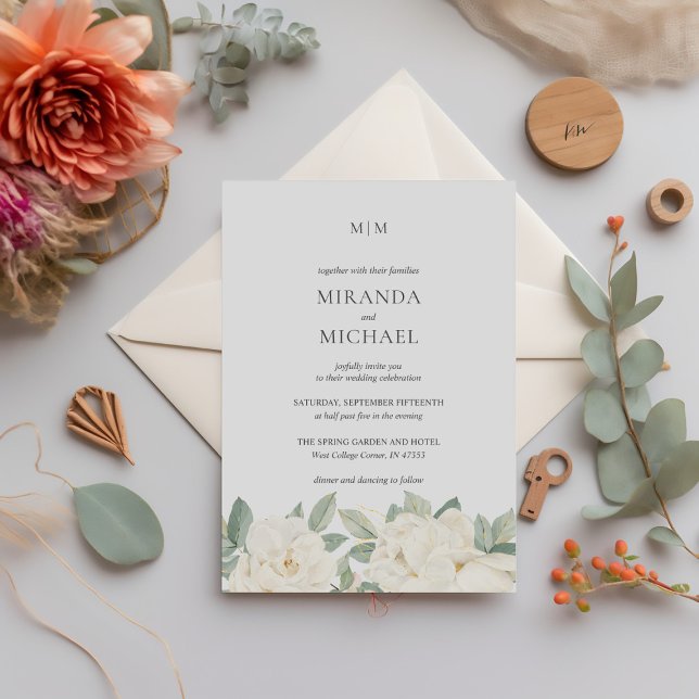 Invitación Rosas blancas románticas BODA elegante en monogram (Subido por el creador)
