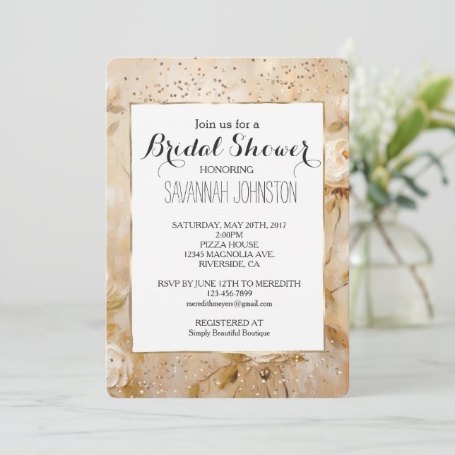 Invitación Rosas blancas románticas ducha de novia Confetti (Anverso de pie)