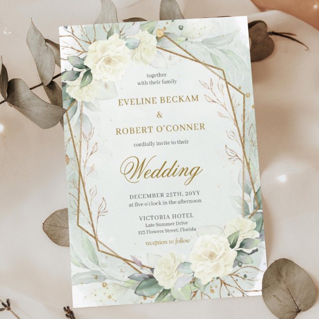 Invitación Rosas blancas románticas Eucalipto Verdor y Oro (Whimsical boho white roses and eucalyptus greenery wedding invitation digital)