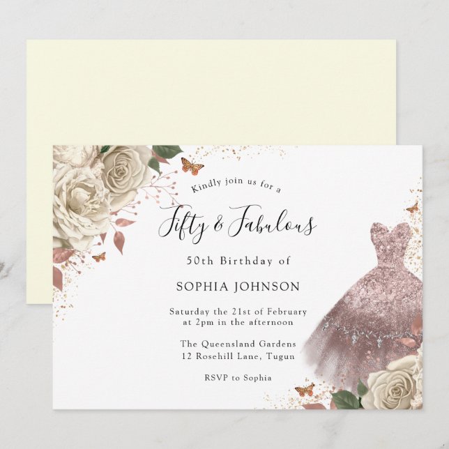 Invitación Rosas Blancas Rosa Dorada Sparkle Vestido 50 cumpl (Anverso / Reverso)