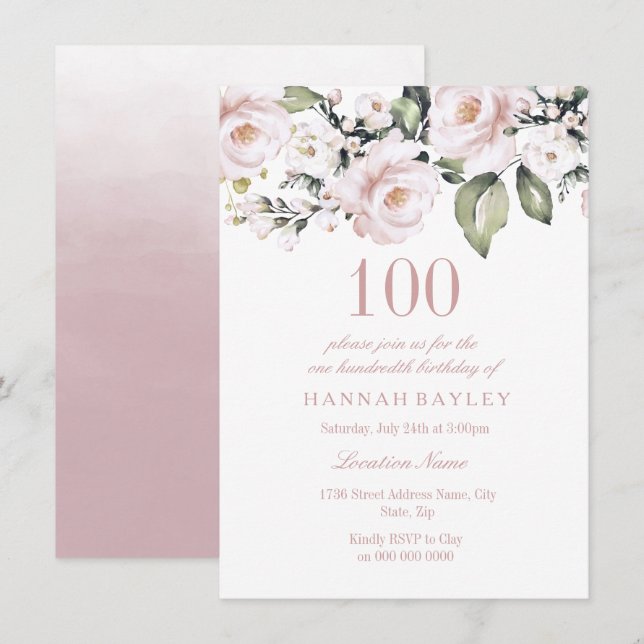Invitación Rosas blancas rosadas dulces Modernas 100 cumpleañ (Anverso / Reverso)