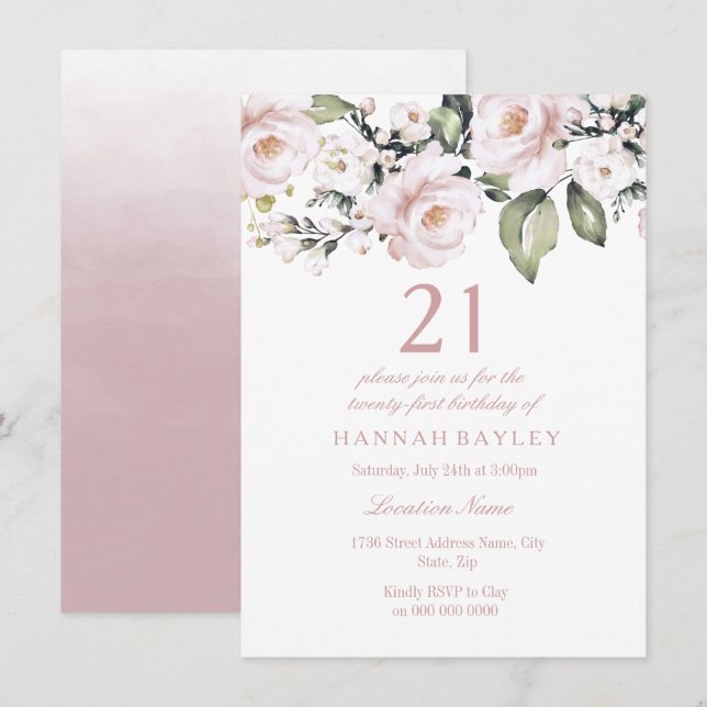 Invitación Rosas blancas rosadas dulces Noche de cumpleaños 2 (Anverso / Reverso)