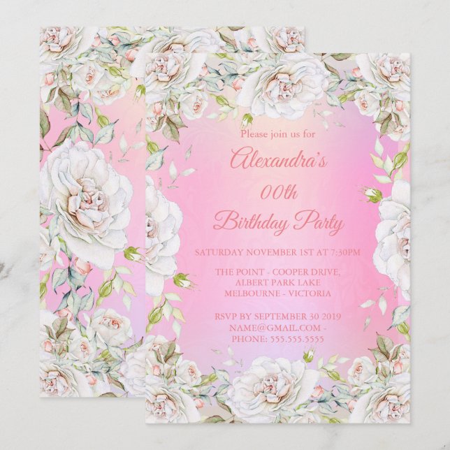 Invitación Rosas blancas rosadas florales de la fiesta de cum (Anverso / Reverso)