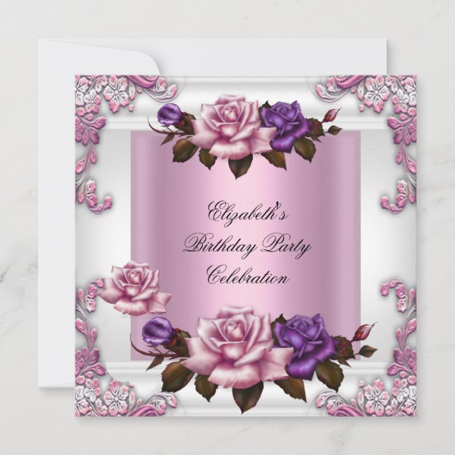 Invitación Rosas Blancas Rosadas Purpúreas Fiesta de Cumpleañ (Anverso)
