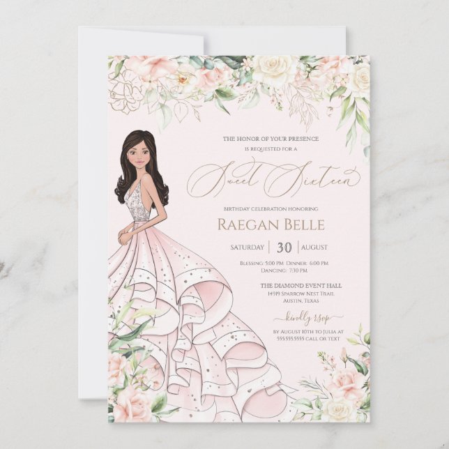 Invitación Rosas blancas rosas dulces de Rubor 16 y vestido d (Anverso)