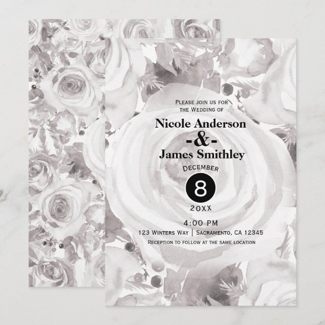 Invitación Rosas blancas rústicas de invierno elegantes bodas (Anverso / Reverso)