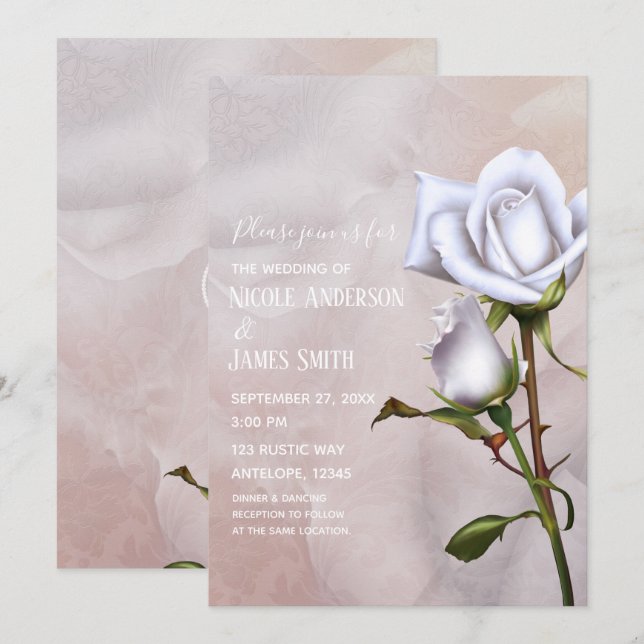 Invitación Rosas blancas suaves románticas elegantes flores d (Anverso / Reverso)